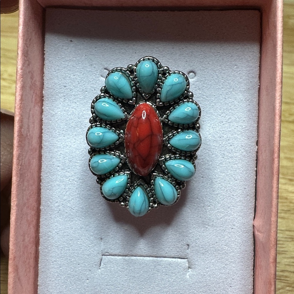 Turquoise and Red Boho Flower Ring - Picture 4 of 4